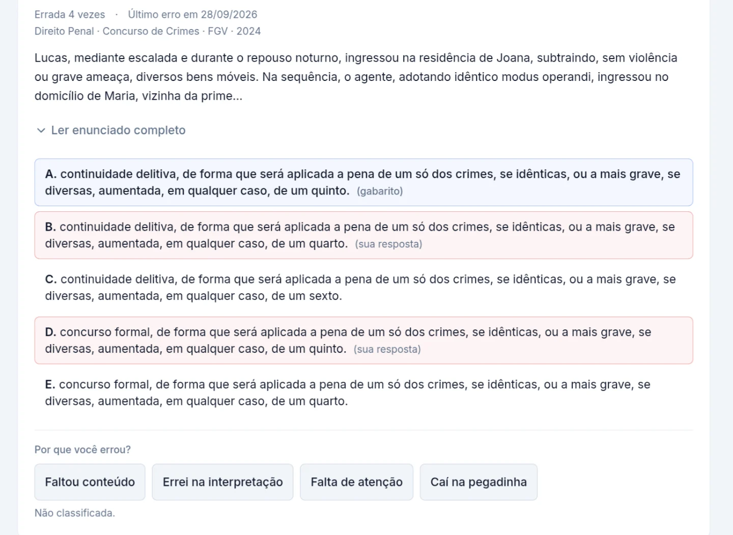 Caderno de erros: questão errada com a resposta marcada, o gabarito e botões para classificar o motivo do erro.