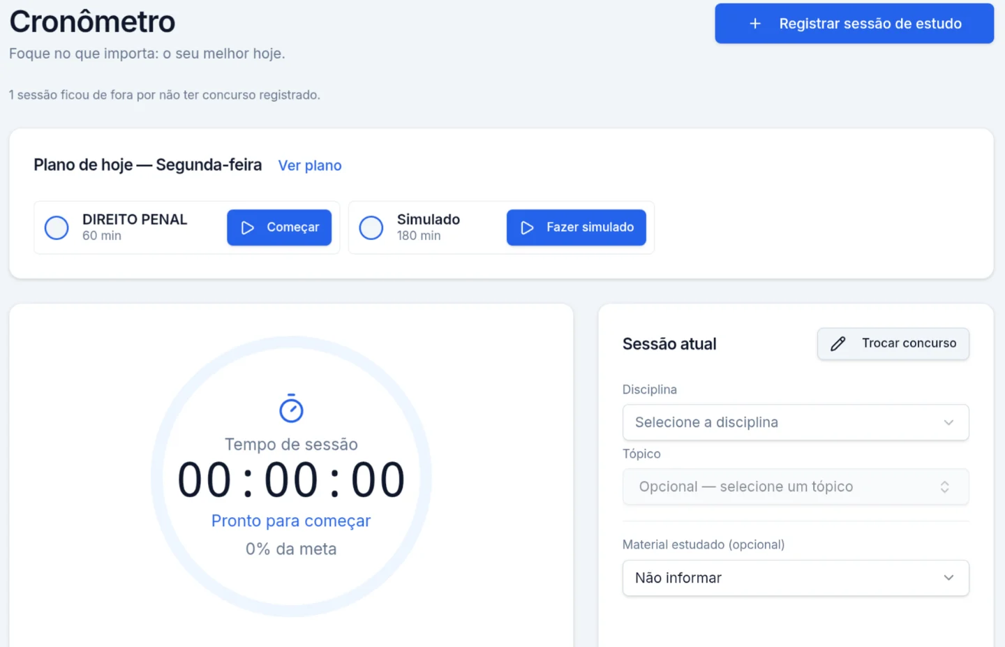 Tela do cronômetro: plano de hoje com botões para começar cada bloco, tempo da sessão e seleção de disciplina e tópico.