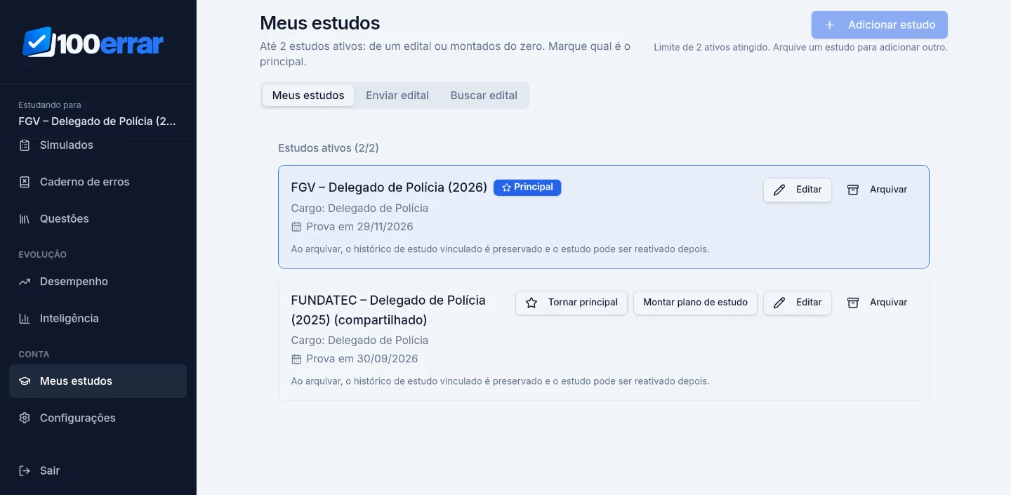 Tela Meus estudos, com o menu lateral e dois estudos ativos, um deles marcado como principal.