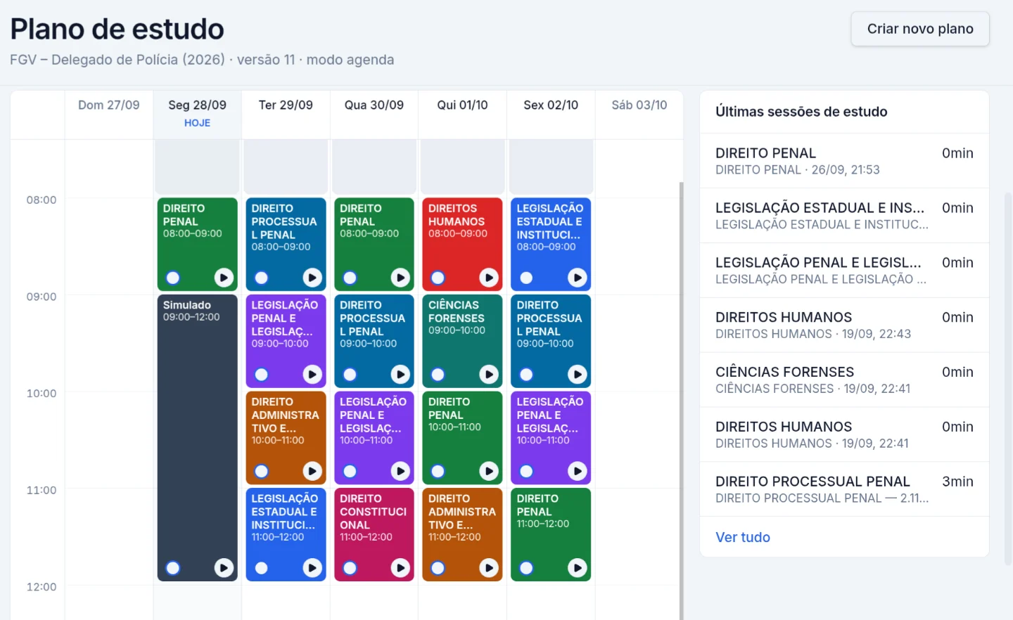 Plano de estudo em modo agenda: blocos coloridos por matéria distribuídos de segunda a sexta, com simulado, e a lista das últimas sessões de estudo.
